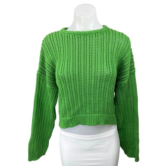 Levi's Women's Green Open Knit Crochet Long Sleeve Pullover Crop Sweater Top S - Picture 1 of 5